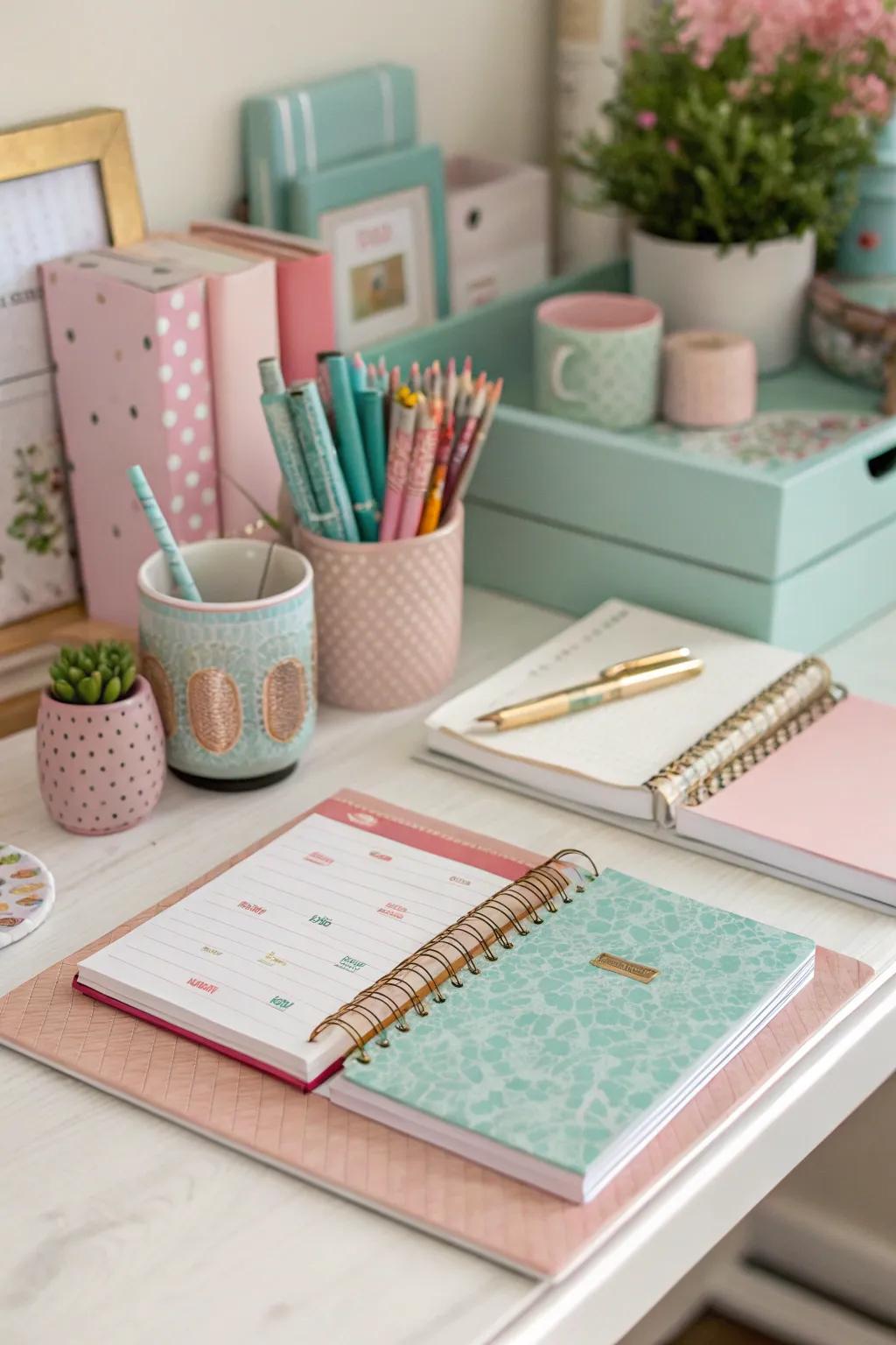 A desk transformed with a harmonious color palette.