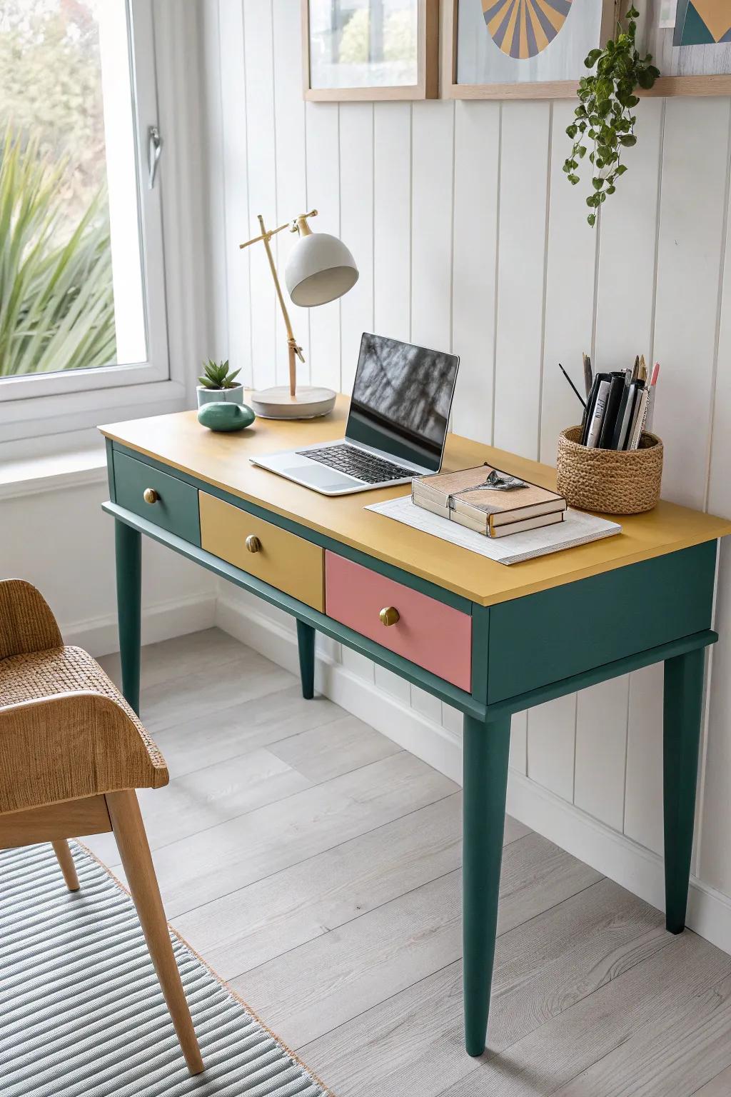 Transform your workspace with bold color blocking—where Scandinavian minimalism meets boho chic.