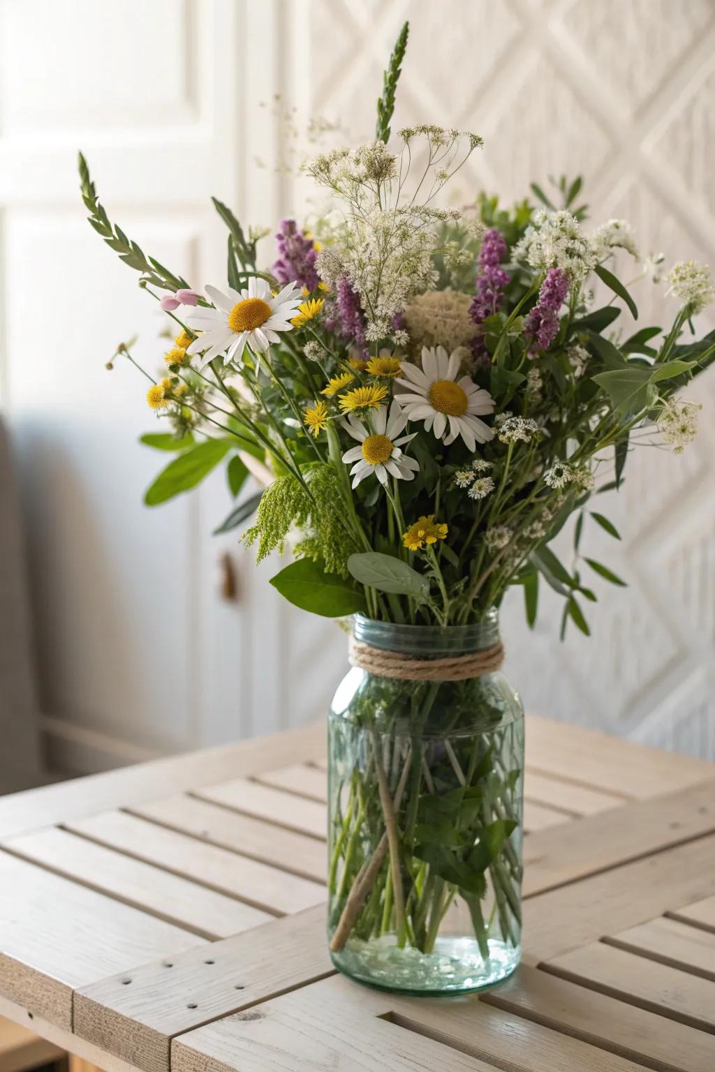 Bring rustic elegance to your celebrations with a floral mason jar centerpiece, blending simplicity and natural beauty.