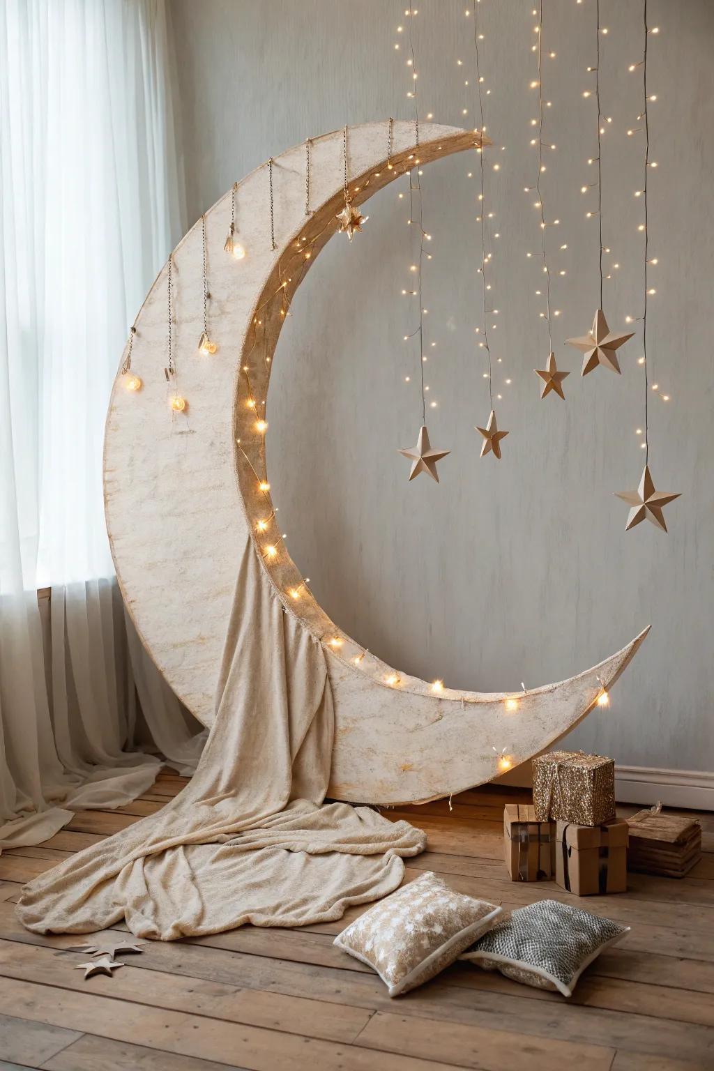 Capture magical moments with this dreamy crescent moon backdrop, perfect for unforgettable baby shower photos.