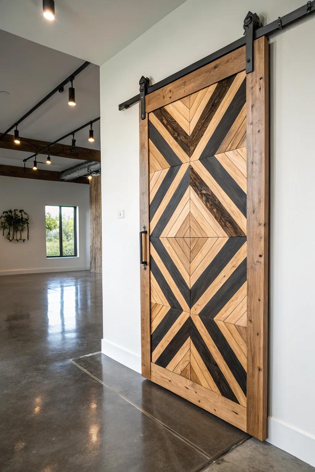 Transform your space with a stunning geometric barn door that combines modern design with timeless craftsmanship.