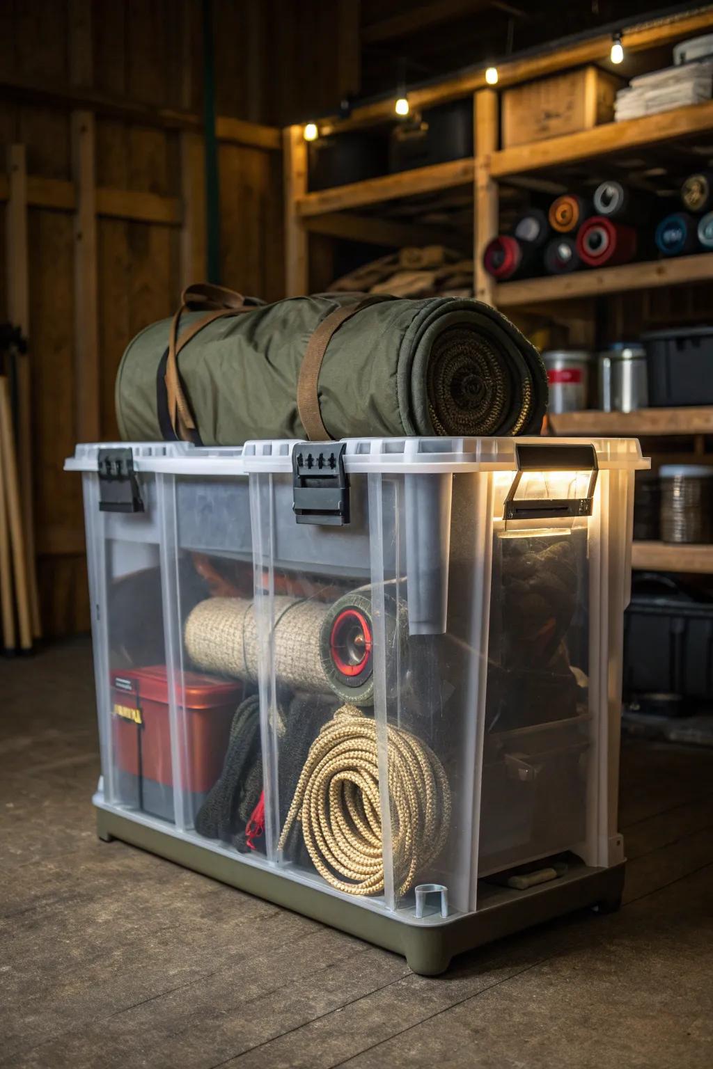 Effortless Organization: Clear bins keep your camping gear visible and accessible, embodying both practicality and craftsmanship.