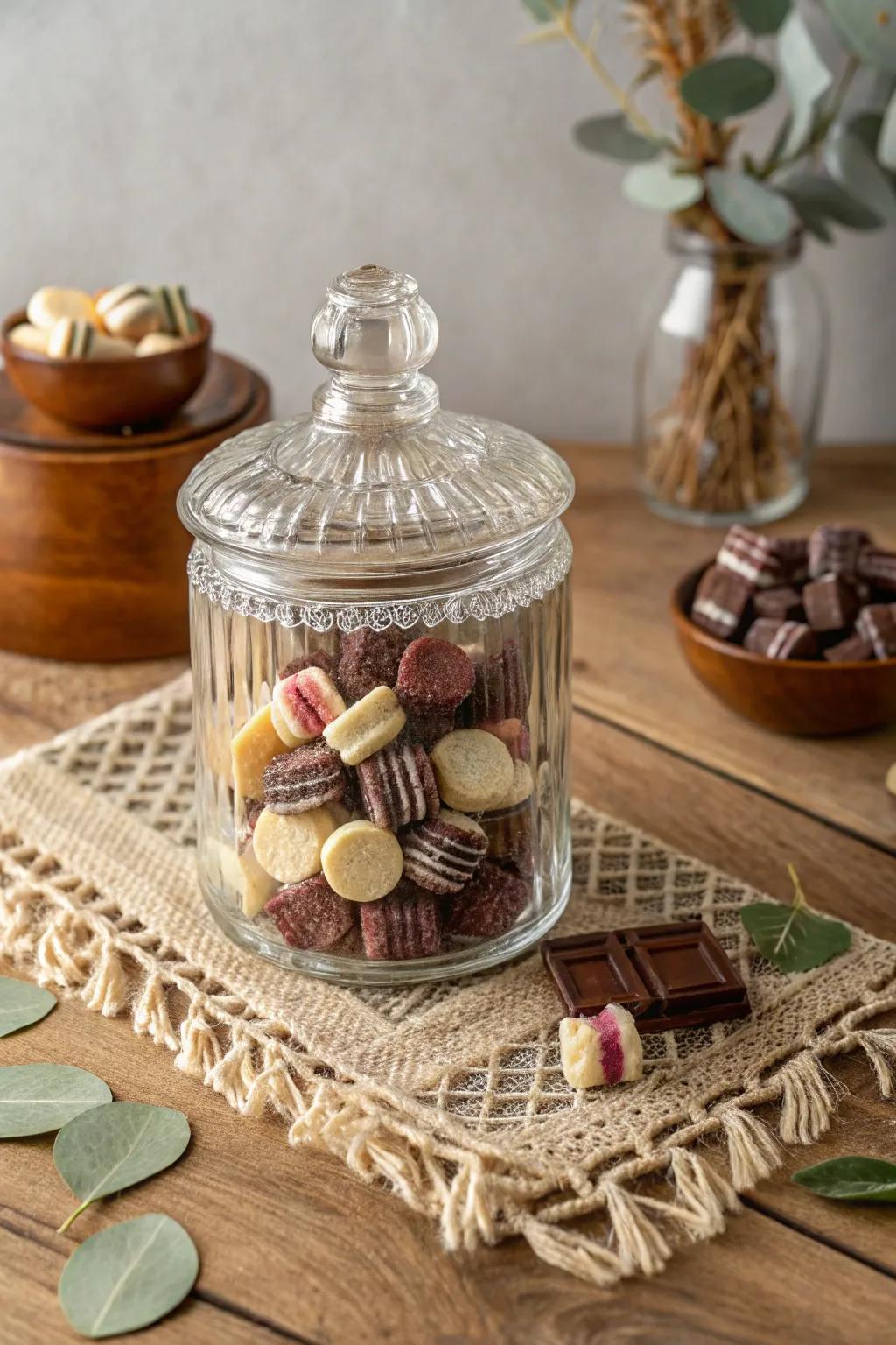 Step back in time with a vintage candy charm; a sweet delight in a glass jar, perfect for nostalgic souls.