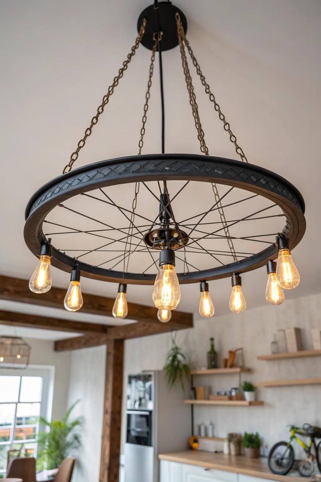 Illuminate your space with a touch of industrial charm and boho elegance with this unique bicycle wheel chandelier.