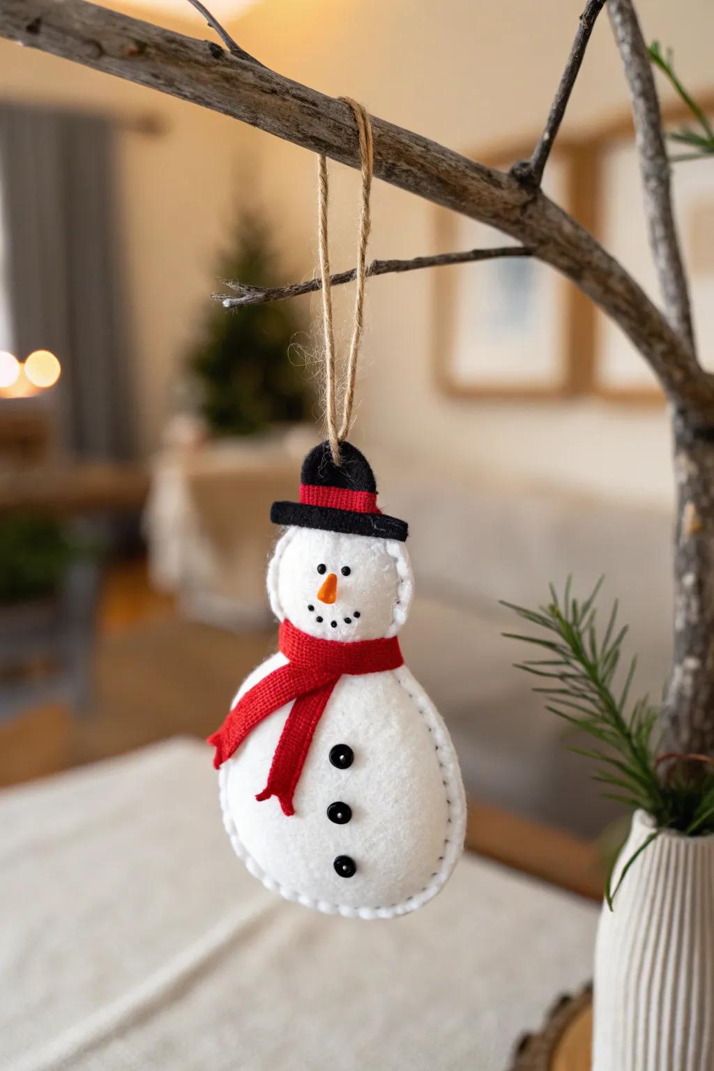 Celebrate the joy of handmade holiday decor with this charming felt snowman ornament, crafted for simplicity and elegance.