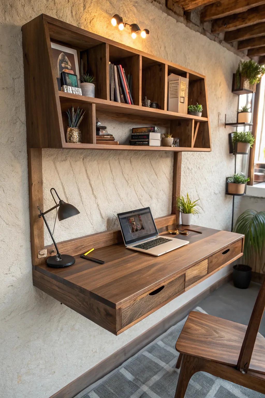 Elevate your workspace with this stunning floating desk and shelving combo, crafted for style and functionality.