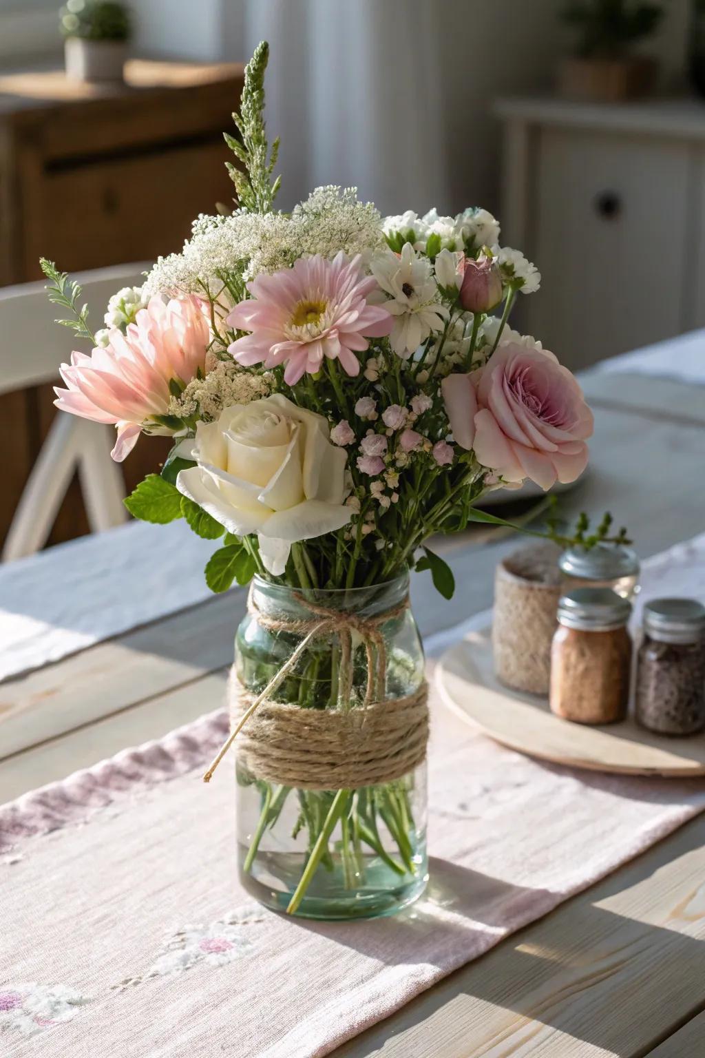 Elevate your table decor with a touch of nature and simplicity. 🌿🌸 #DIYFlowerCenterpiece