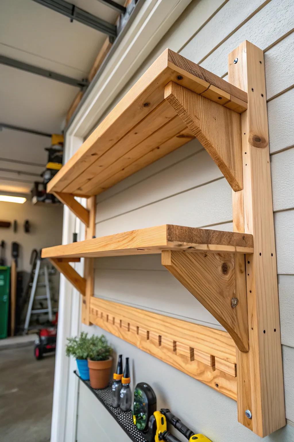 Elevate your garage with the timeless appeal of handcrafted wooden shelves. #DIYCraftsmanship