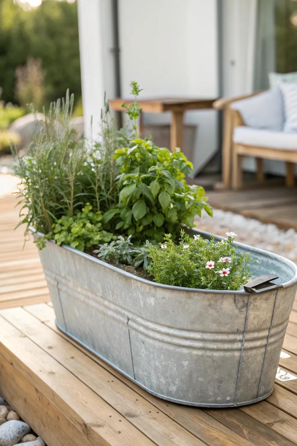 Transform your garden space with a chic galvanized tub garden bed for herbs that thrive all season long.