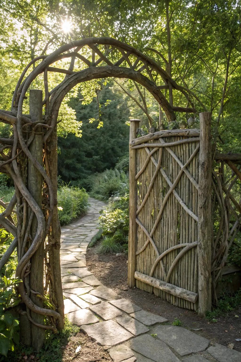 Embrace nature with this handcrafted rustic branch gate, where craftsmanship meets eco-friendly design.