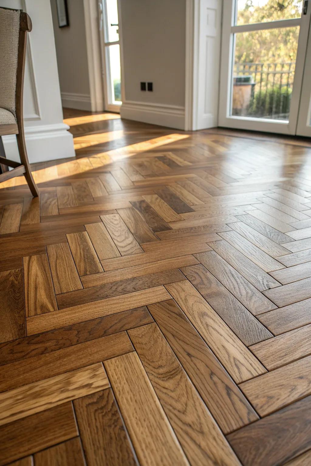 Transform your space with the timeless elegance of a herringbone hardwood floor. A masterpiece of craftsmanship!