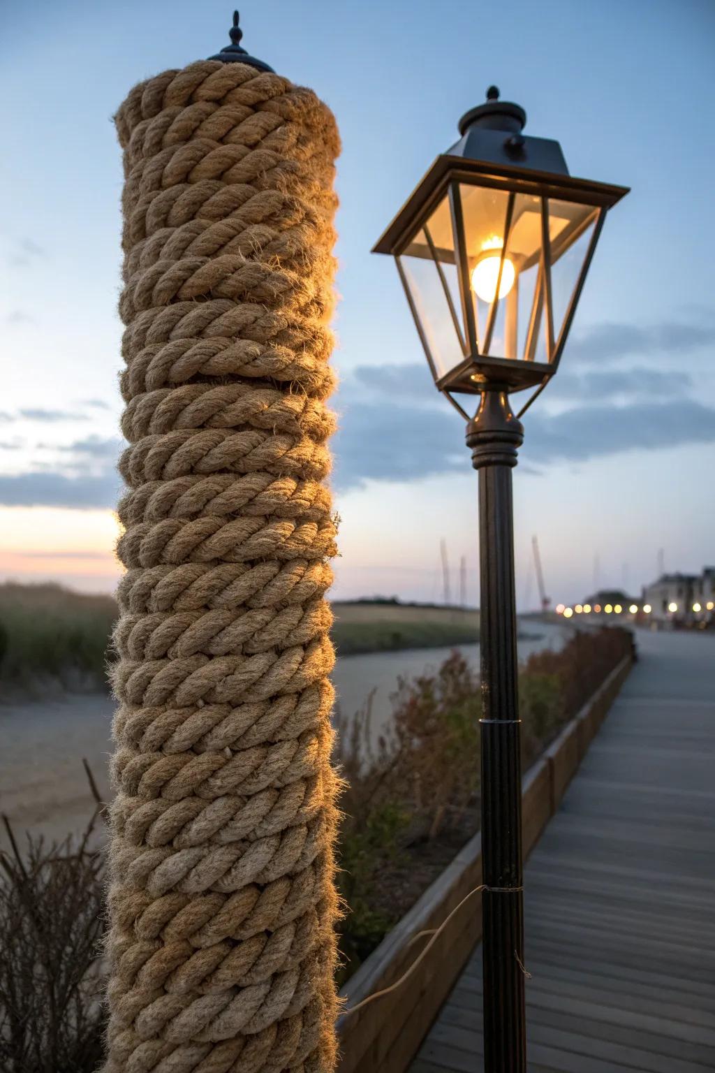 Illuminate your space with a nautical touch: a rope-wrapped lamp post for a coastal vibe.