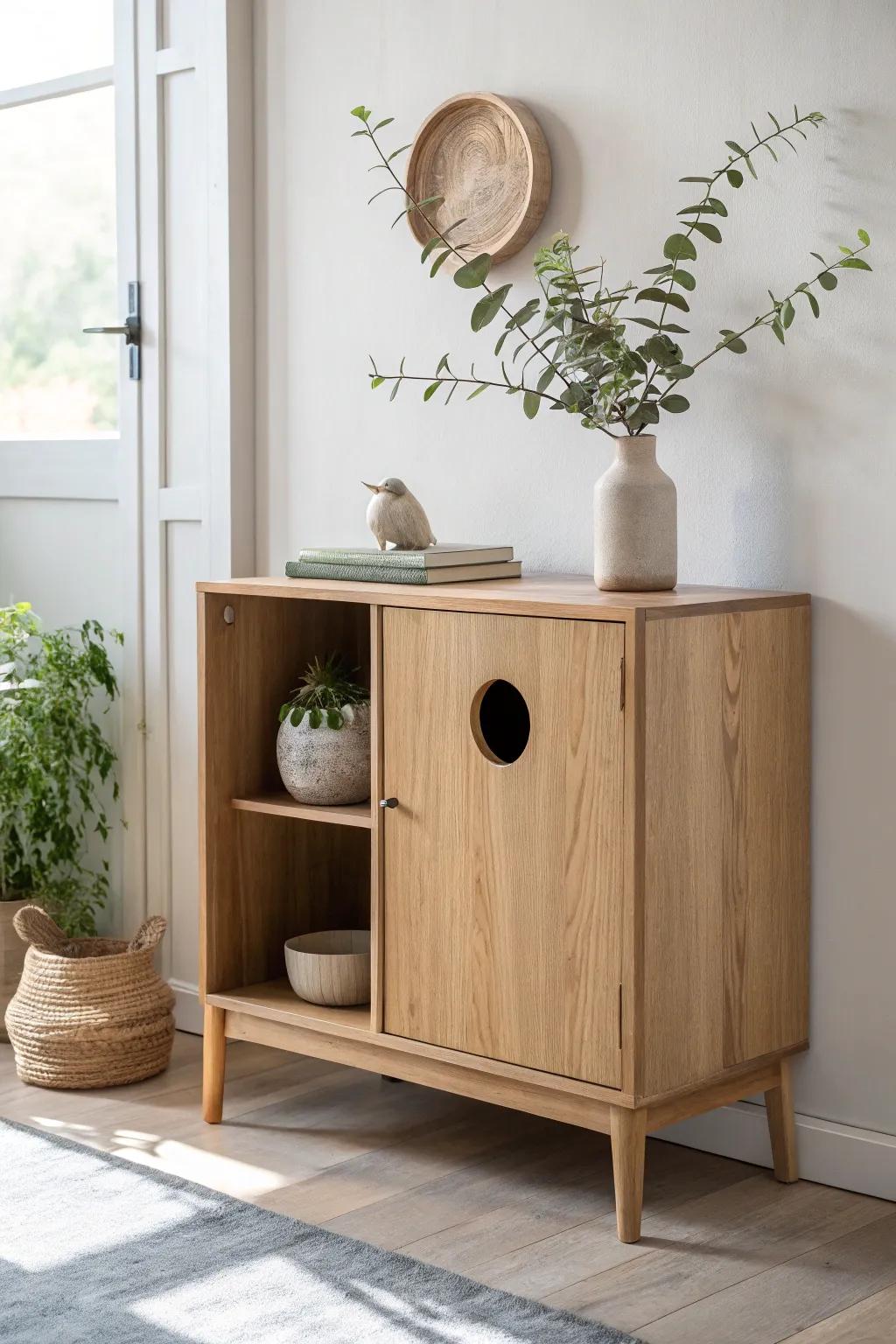 Transform elegance with a hidden secret: a chic litter box cabinet that blends style and function.