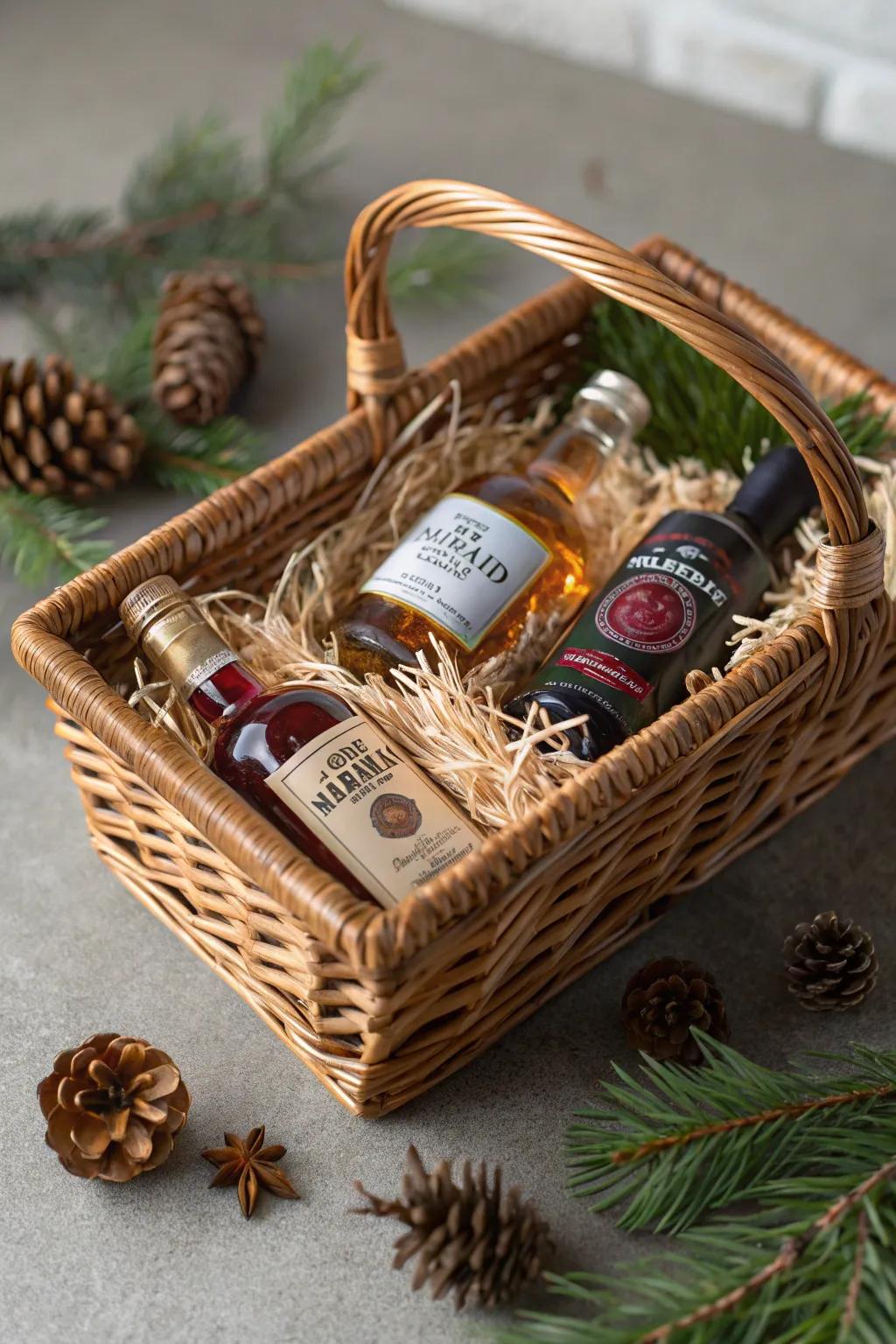 Craft a memorable gift with this festive mini liquor basket—perfect for those who appreciate the finer details.