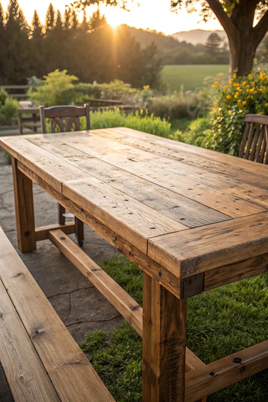 Transform your outdoor space with a rustic farmhouse dining table crafted from reclaimed wood, where every imperfection tells a story of timeless charm.