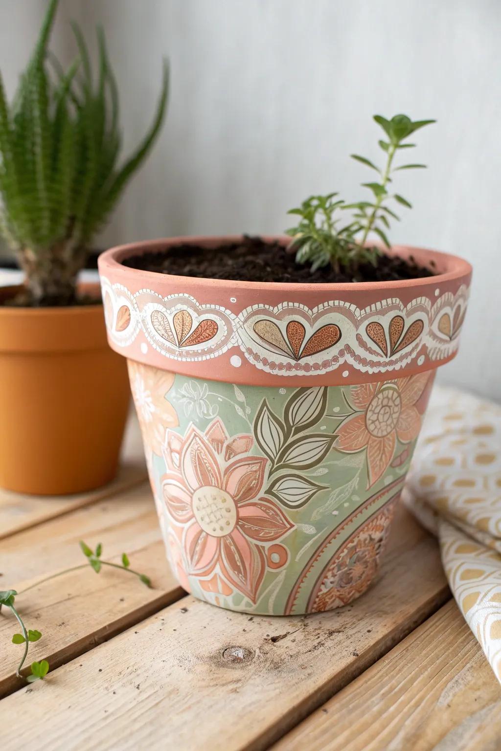 Add a touch of handcrafted elegance to your space with DIY hand-painted flower pots.