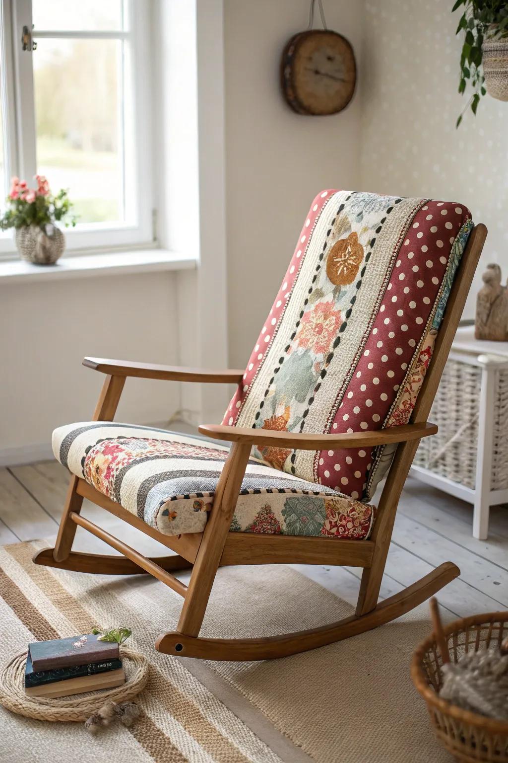 Transform your space with a charming DIY rocking chair; a blend of eclectic patterns and minimalist elegance.