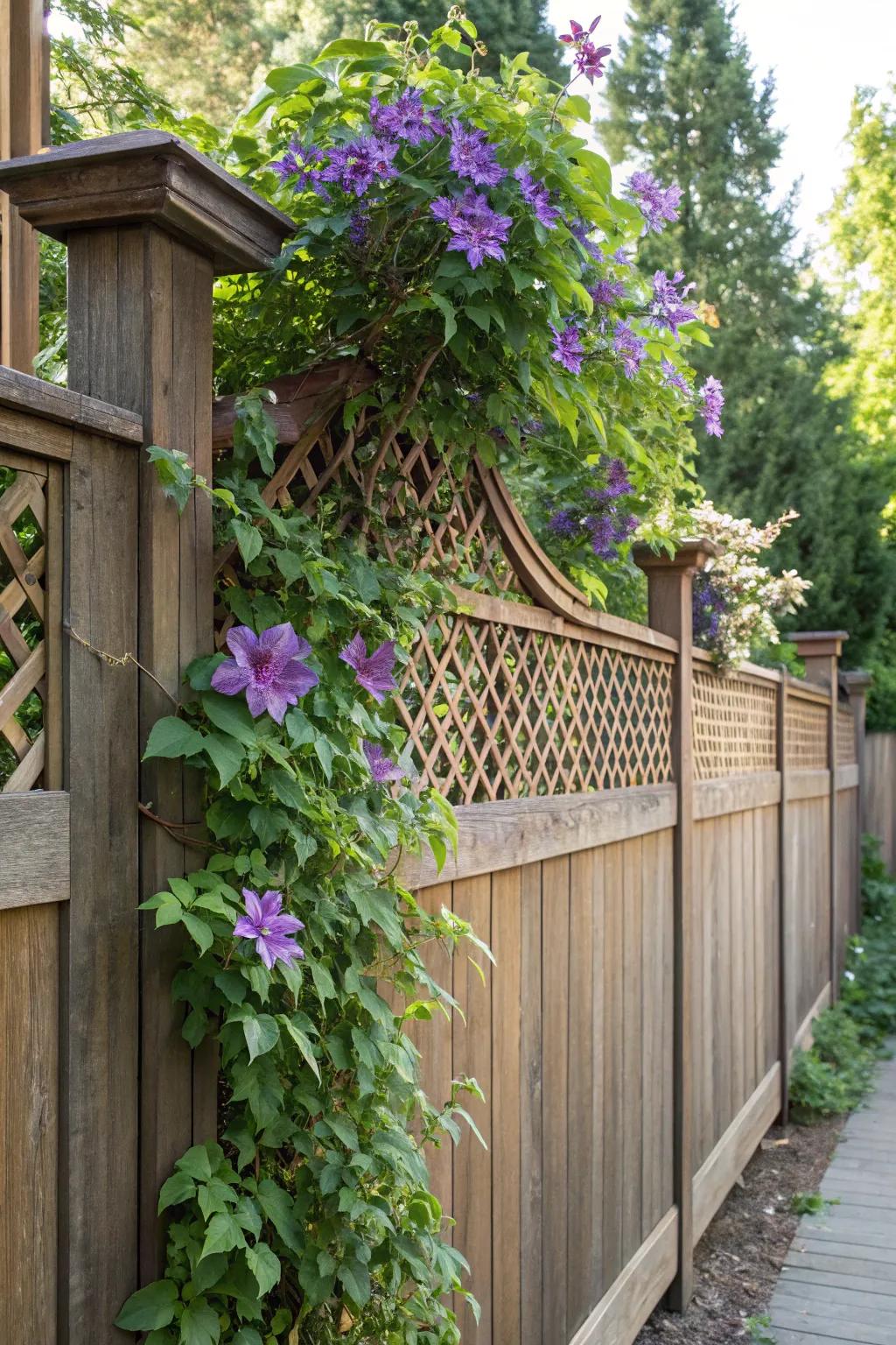 Transform your backyard with a lattice-topped fence and lush clematis for a perfect blend of craftsmanship and nature.