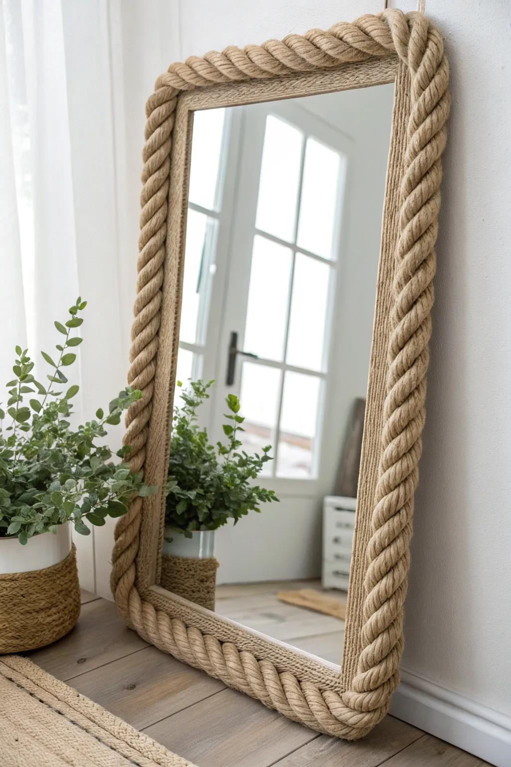 Add a touch of nautical elegance to your space with this DIY rope-wrapped mirror frame, perfect for a minimalist and bohemian home.