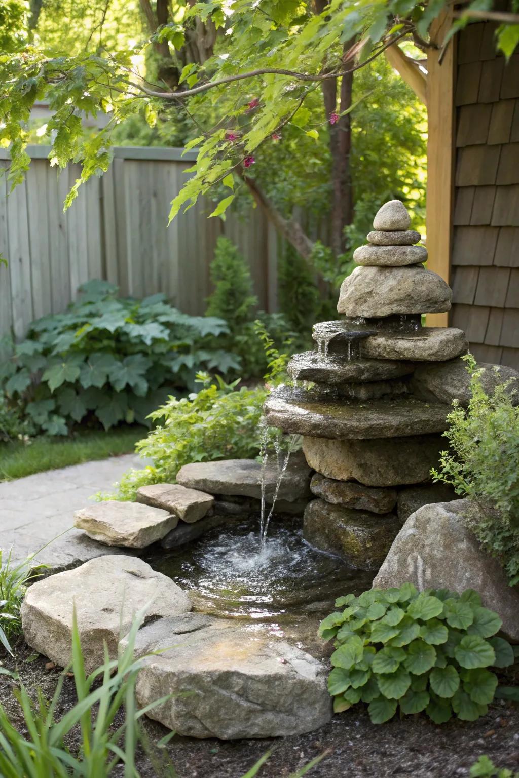 Find serenity in simplicity with this charming corner rock fountain, a perfect blend of nature and craftsmanship.