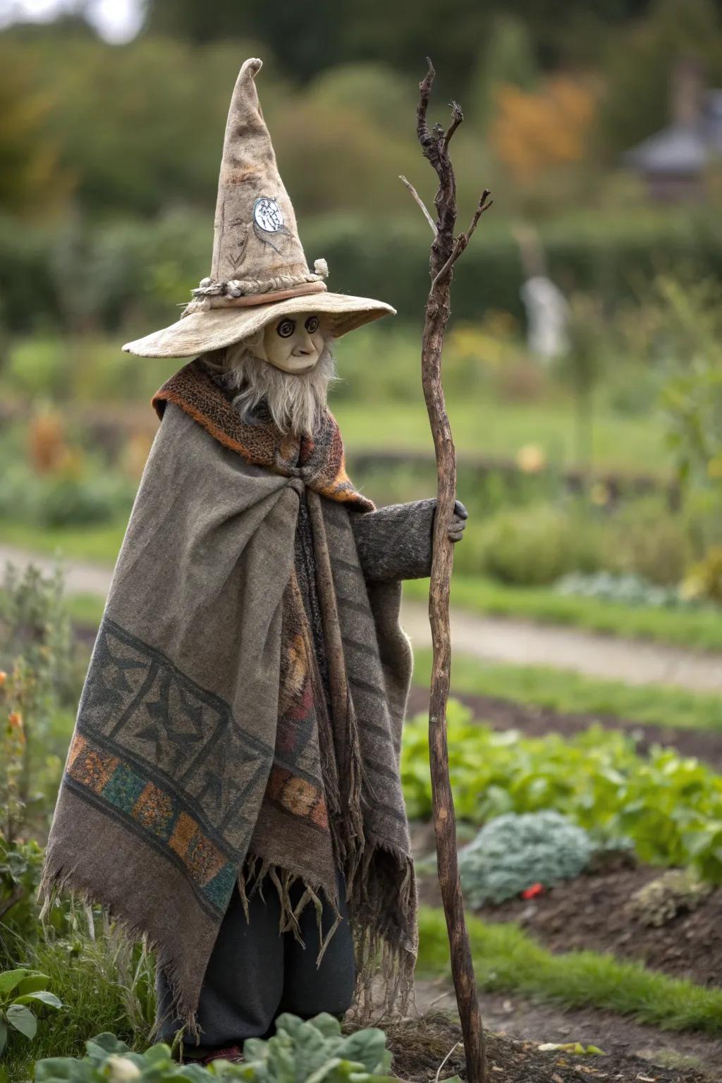Enchant your garden with a handcrafted wizard scarecrow, the perfect blend of magic and rustic charm!