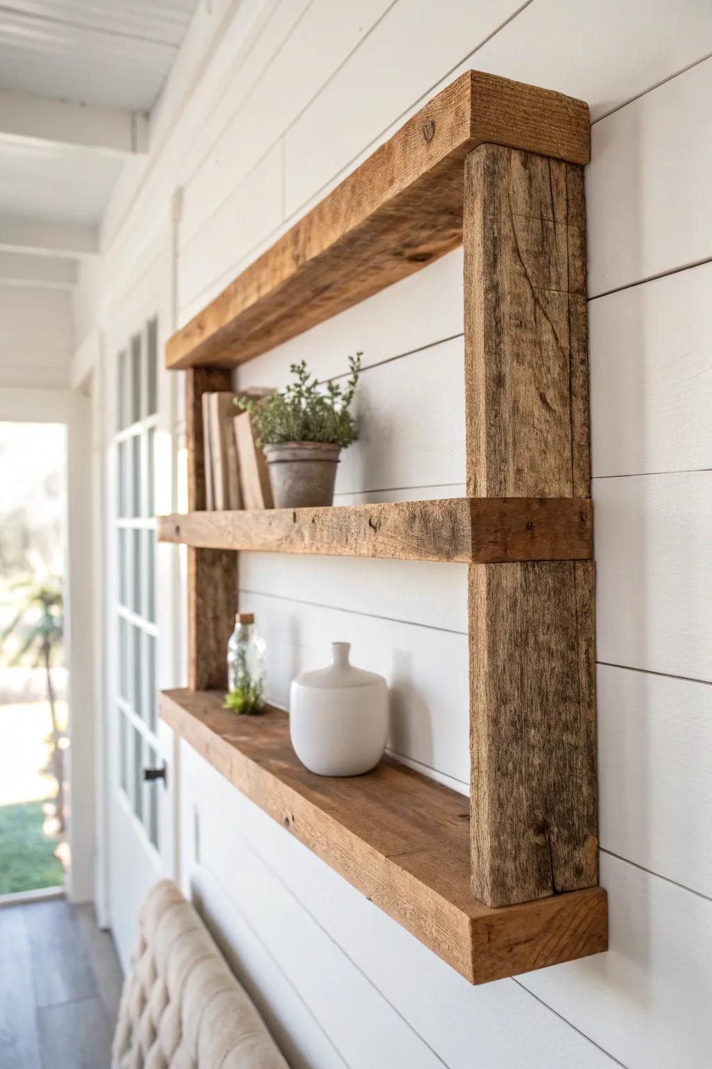 Embrace rustic charm with a minimalist twist using reclaimed wood shelves.