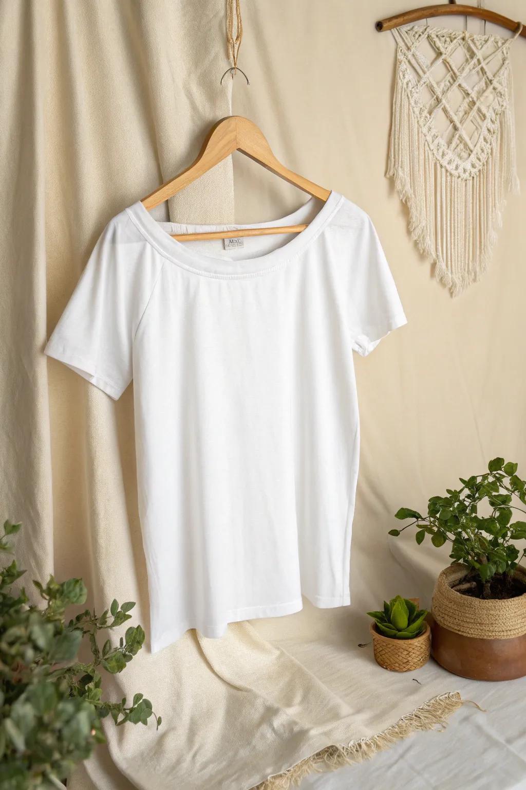 Transform your tee into an off-the-shoulder masterpiece with a simple snip. Effortless elegance for your casual gatherings!