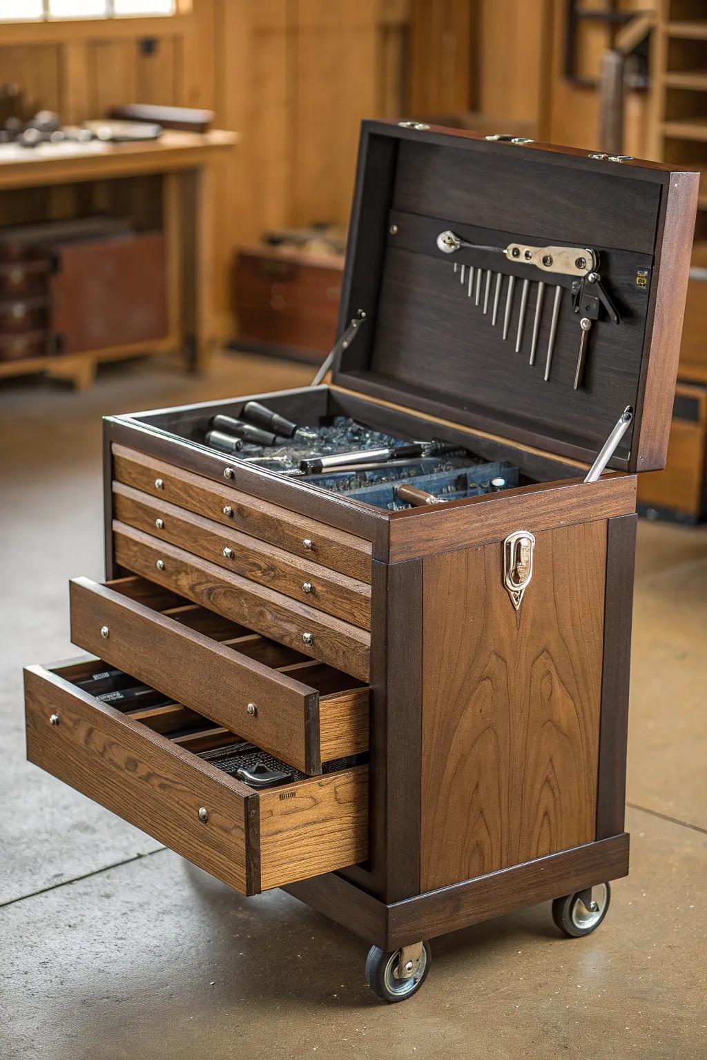 Elevate your workshop game with a custom-built mobile tool box – where craftsmanship meets convenience.