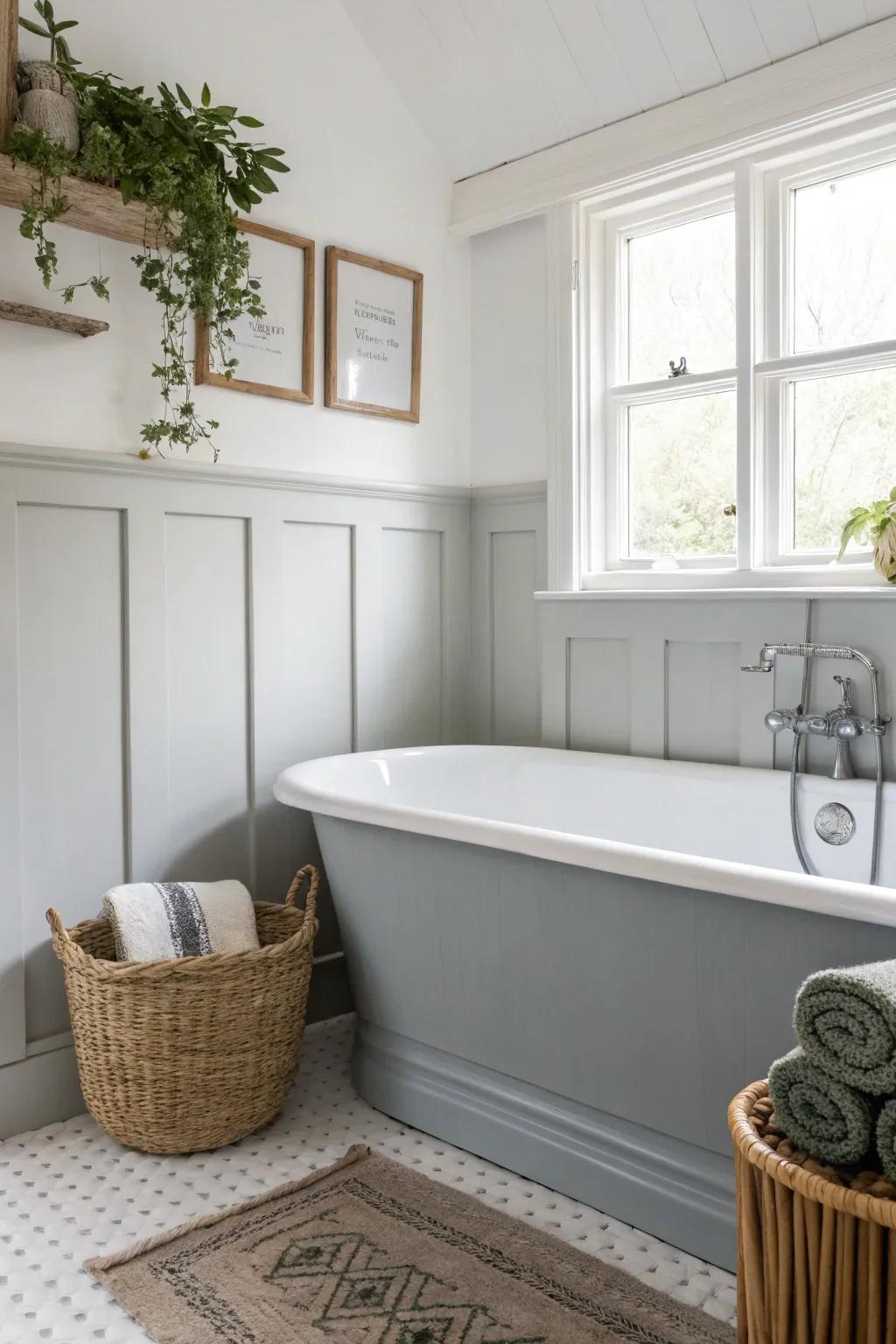 Transform your bathroom into a serene escape with a minimalist tub surround in soft gray hues. #ModernMinimalism #ScandiBoho