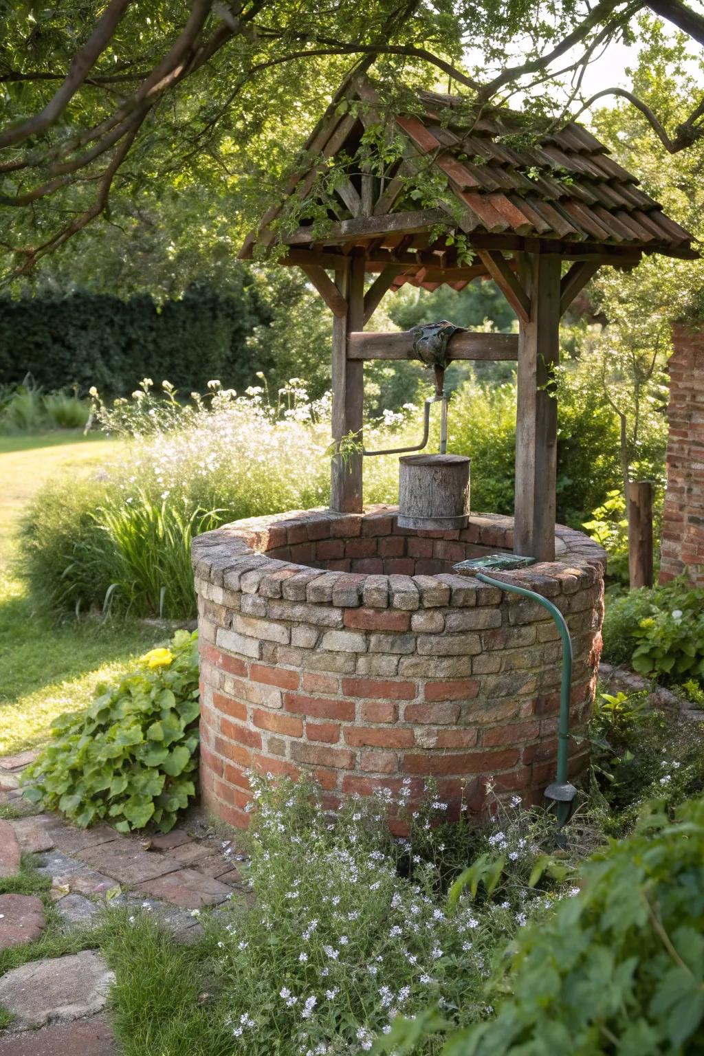 Transform your garden with a rustic brick wishing well, combining historical charm with natural beauty.