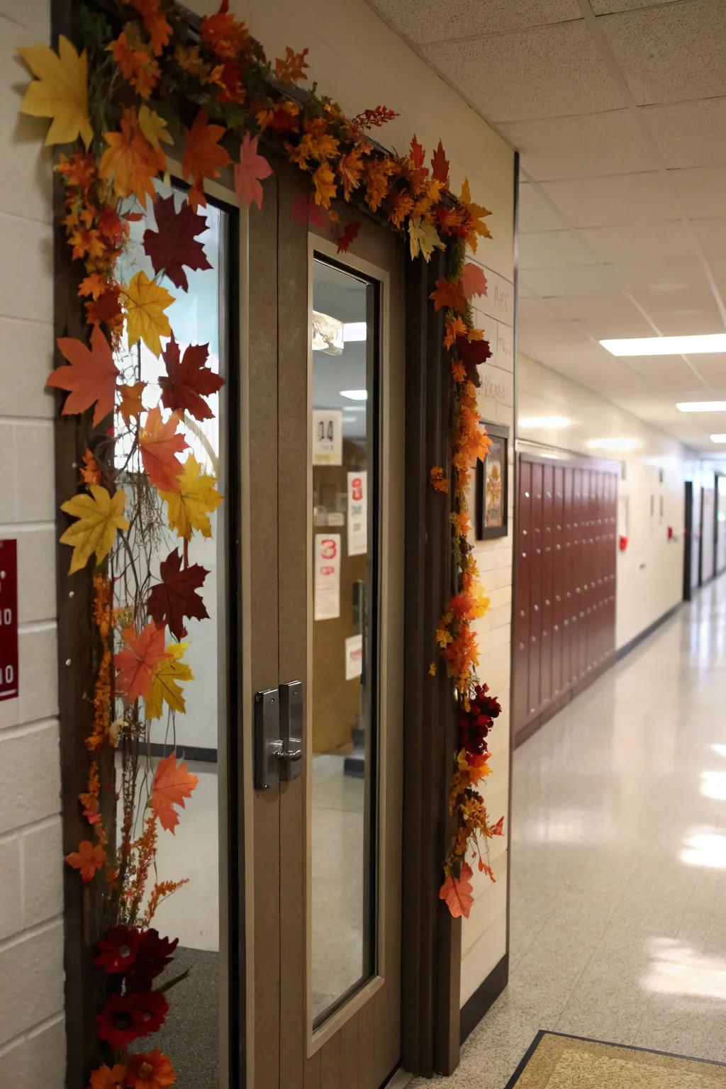 A classroom door adorned with seasonal decorations, bringing the beauty of nature indoors.