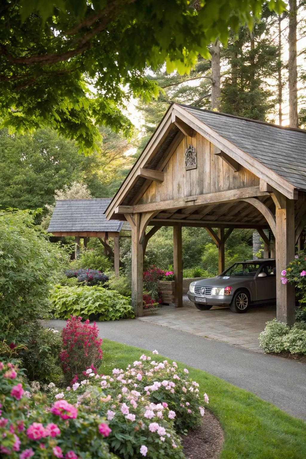 A rustic carport that adds warmth and character to any home.
