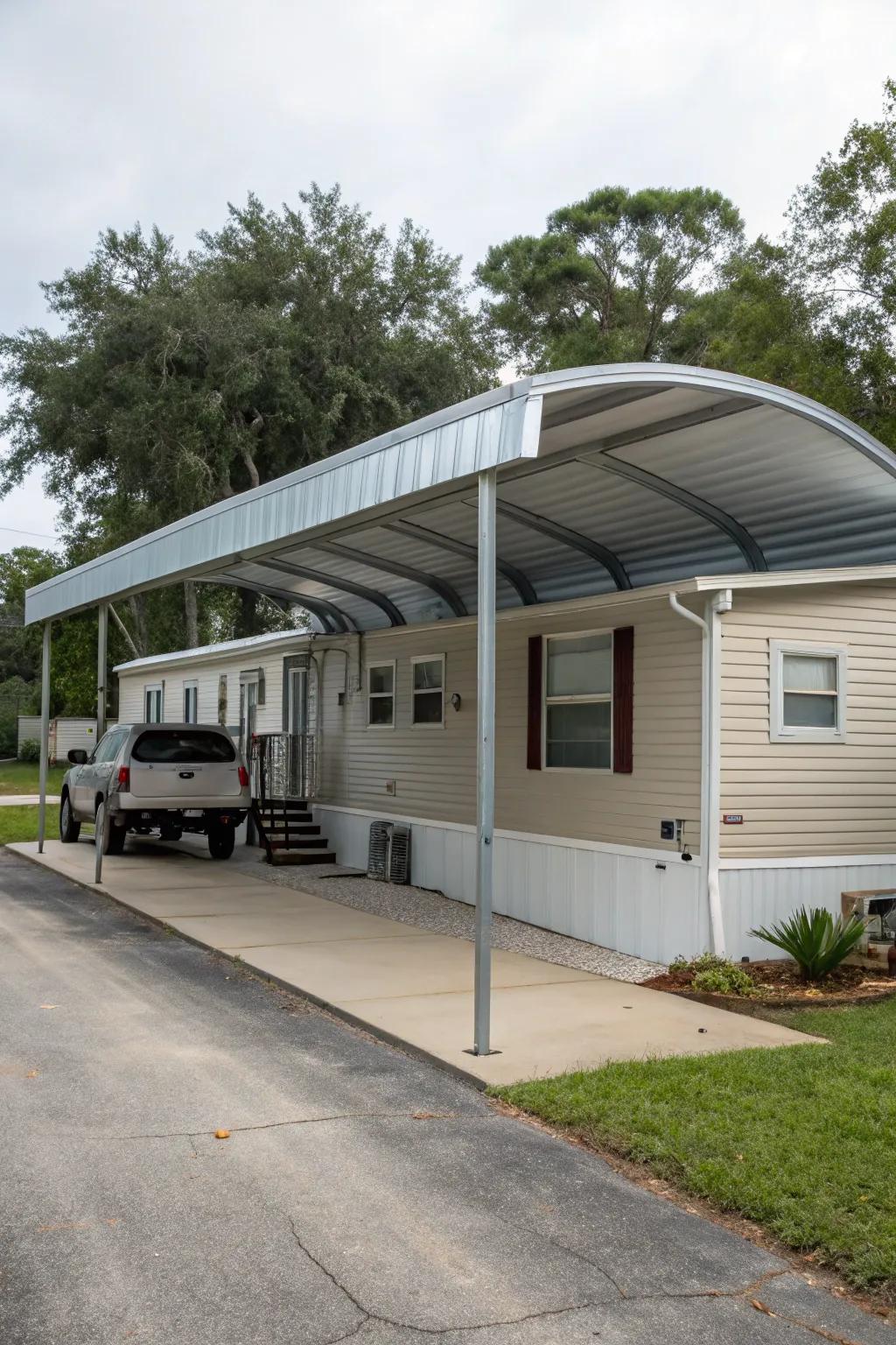 Stylish W-pan roof carport providing excellent weather protection.