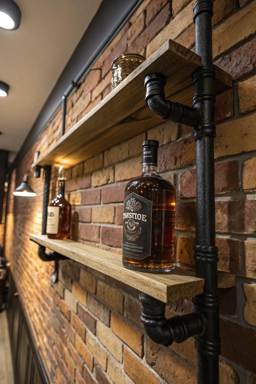 Elevate your home bar with rugged elegance: Industrial pipe shelving meets reclaimed wood for the perfect urban charm.