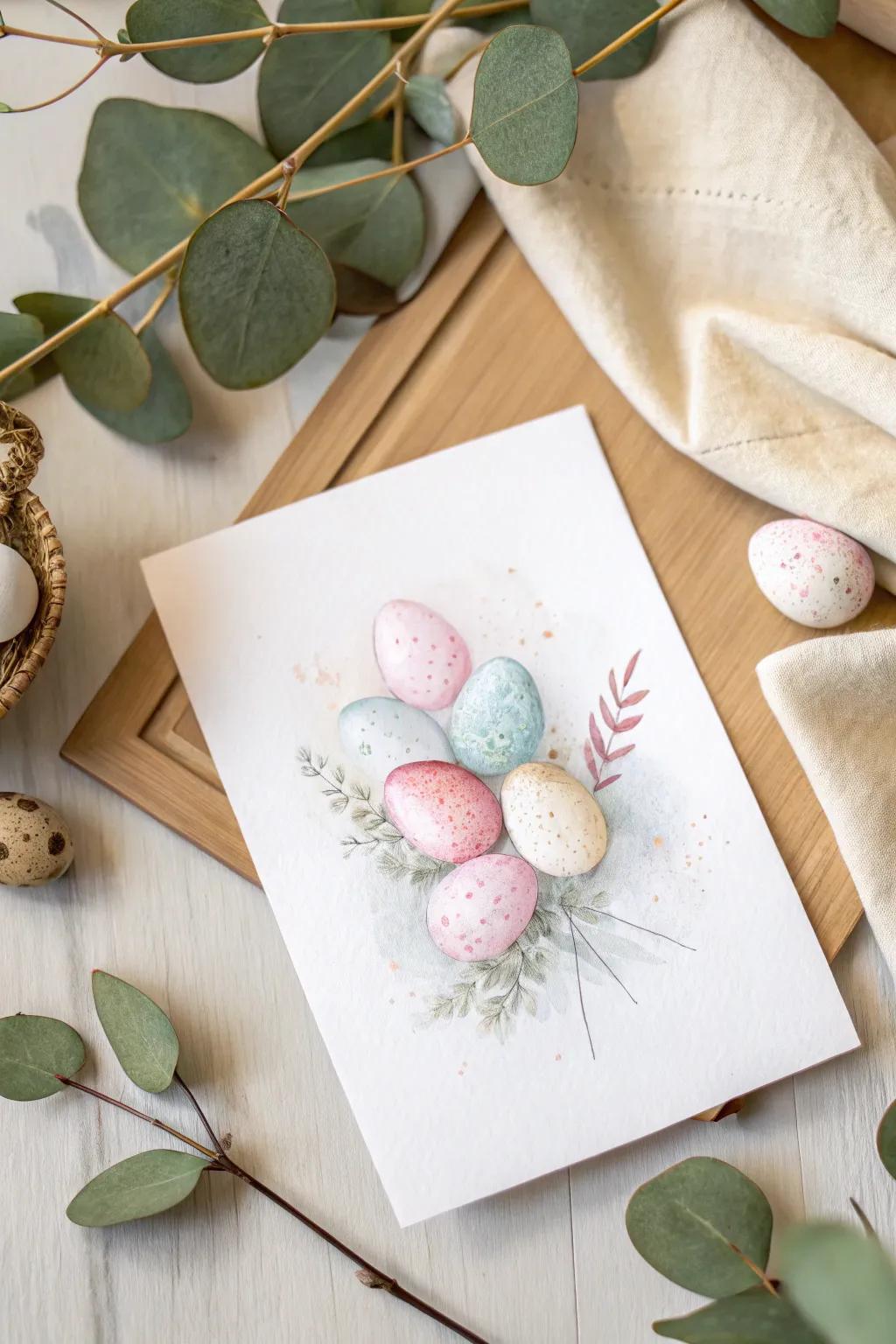 Embrace the dreamy elegance of Easter with this watercolor egg splash card. Perfect for those who appreciate simplicity and natural beauty.