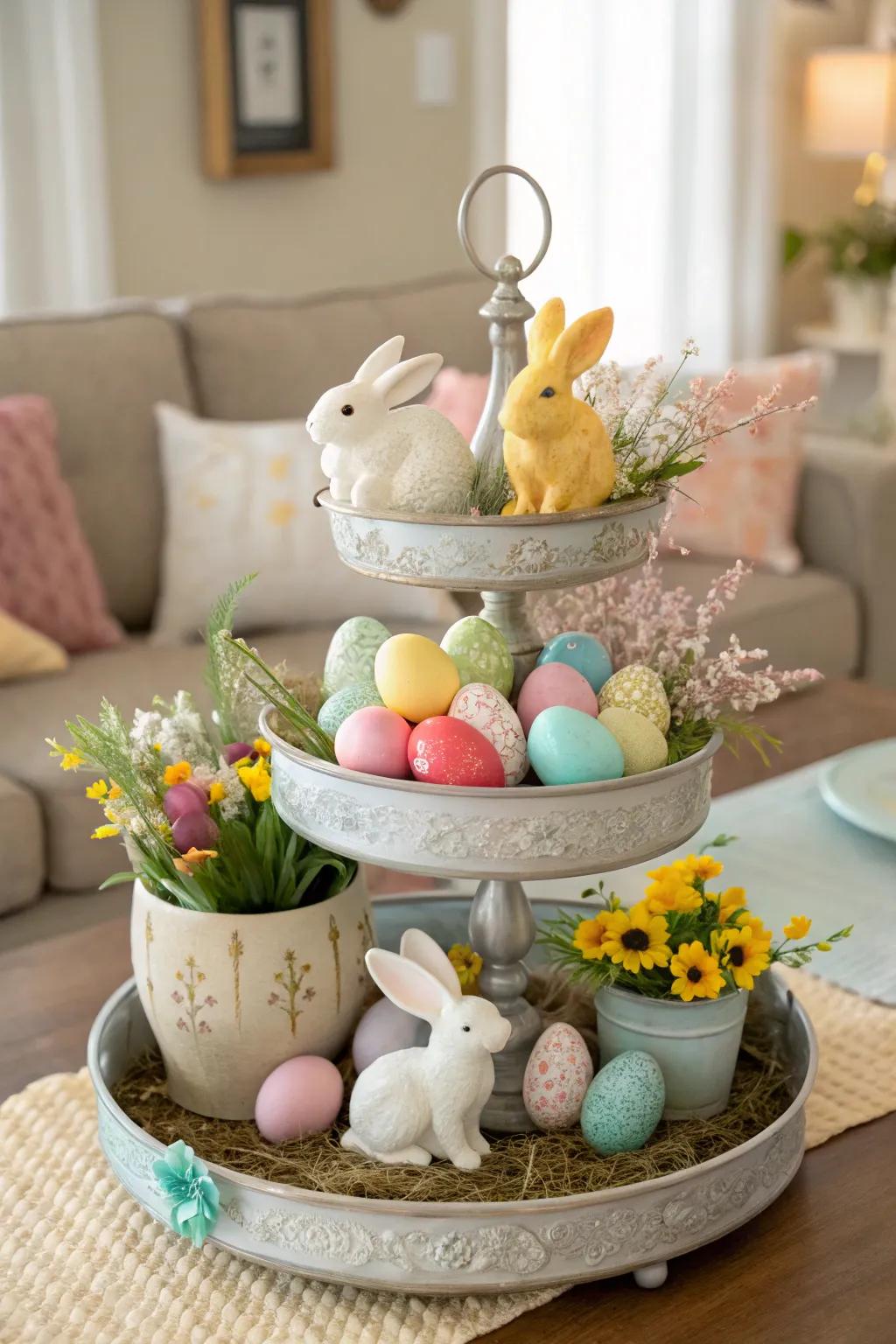 Bunny figurines bring a playful element to this Easter tiered tray.