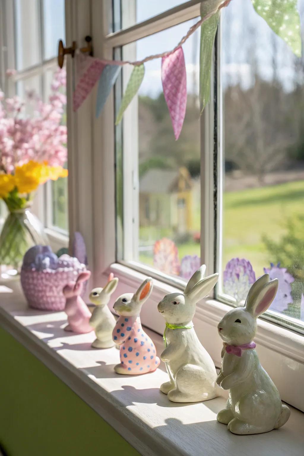 A playful bunny parade gracing the windowsill.