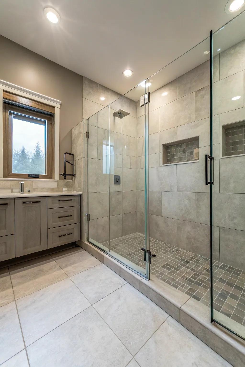 Large tiles reduce grout lines and make cleaning easier.