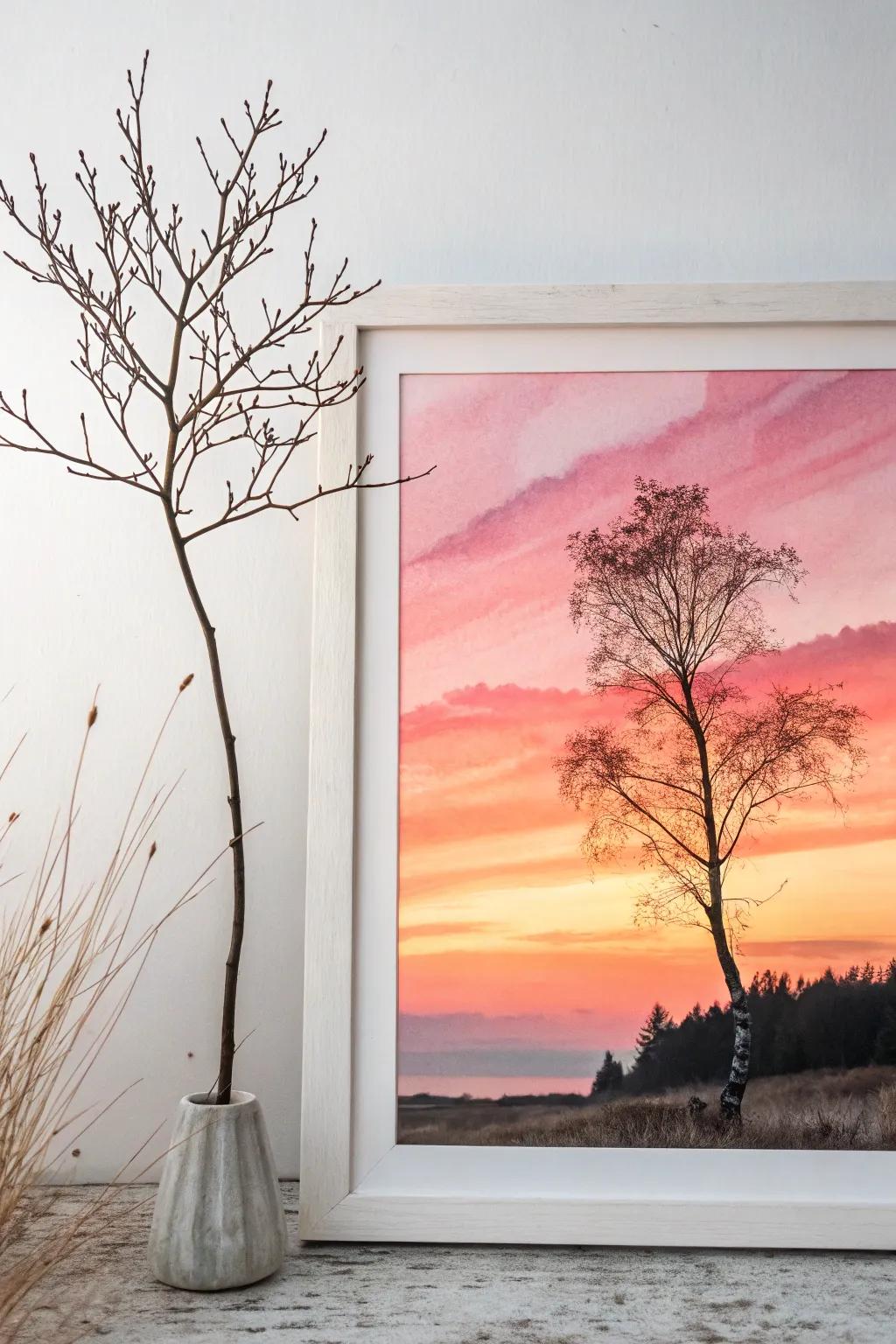 Embrace the serene beauty of sunset silhouettes with this watercolor masterpiece. Perfect for blending colors and capturing nature’s charm.