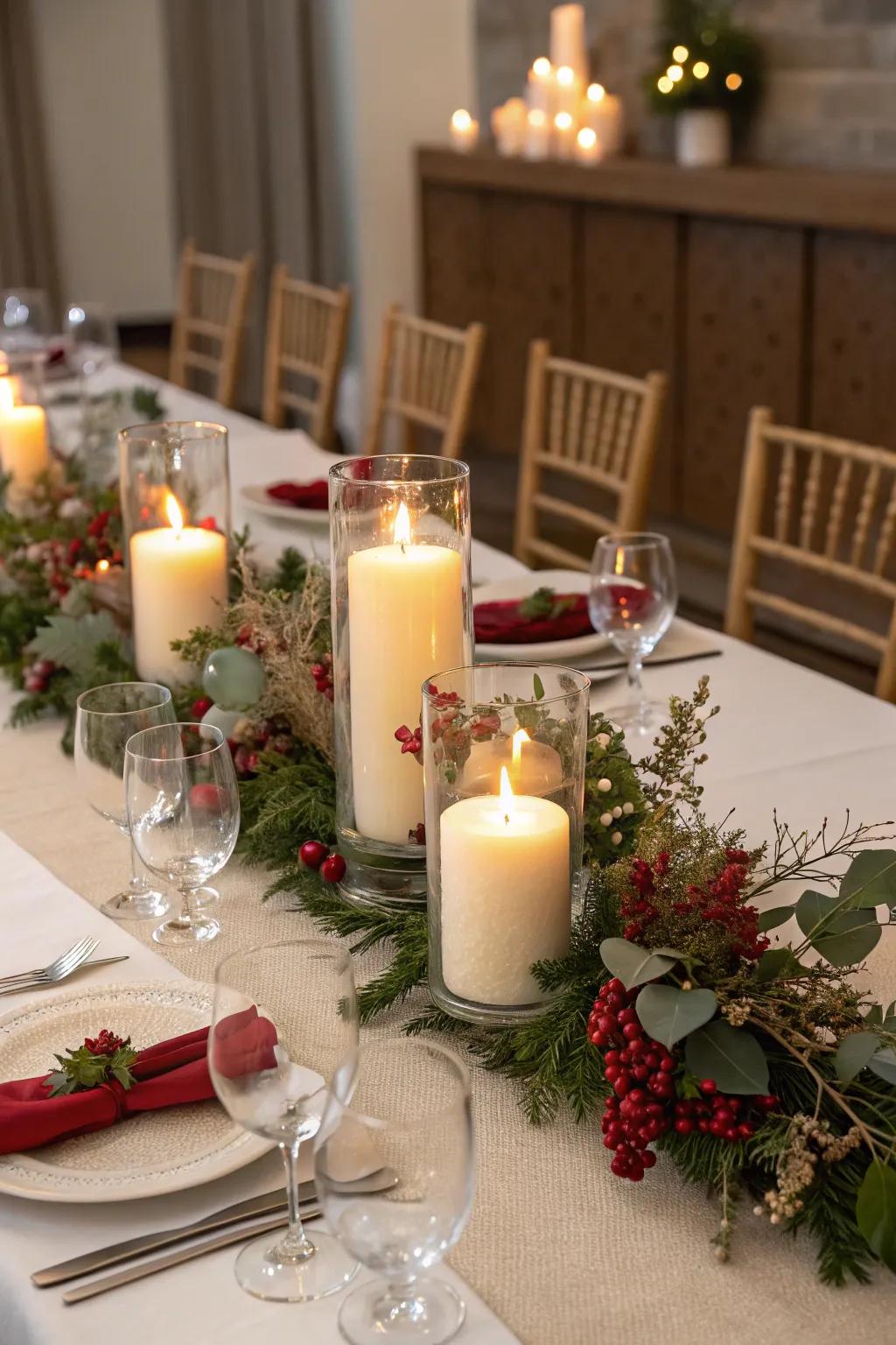 Candles in hurricane vases bring a cozy glow to your table.