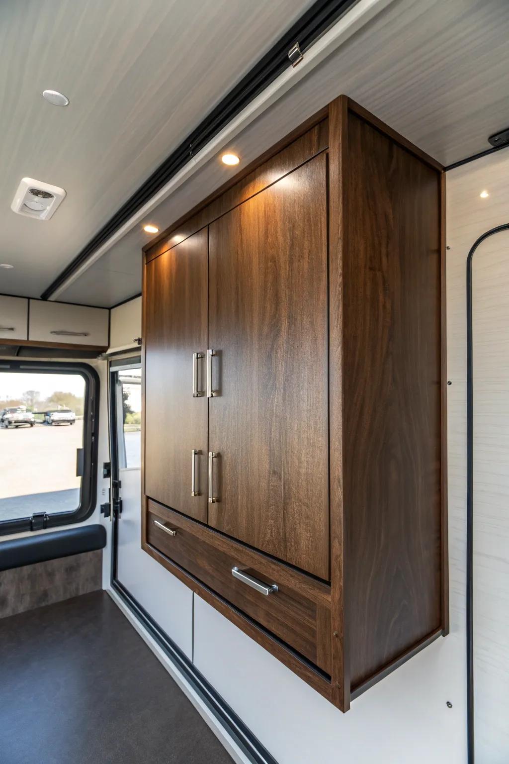 Elevate your trailer's style with these stunning floating wall cabinets, perfect for the modern craftsman.