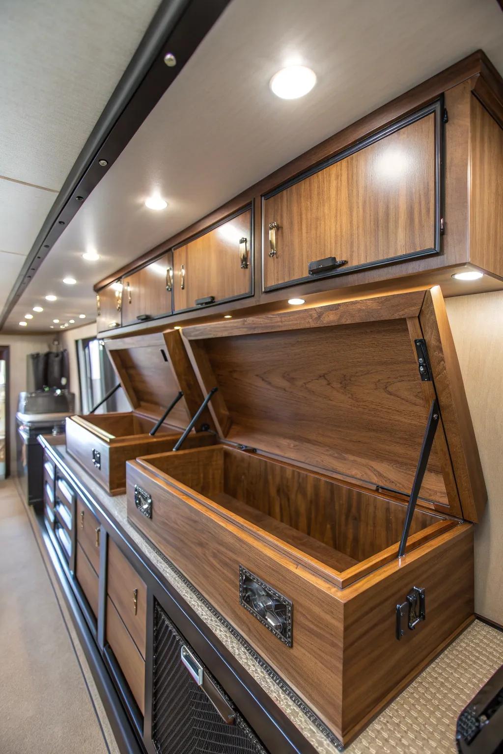 Elevate your trailer's organization with custom overhead storage solutions that showcase true craftsmanship.