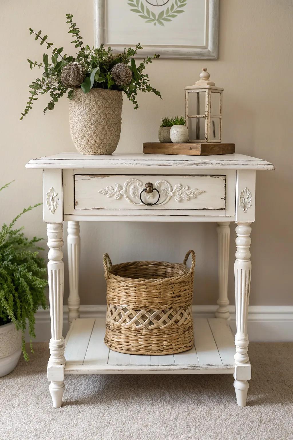 Discover vintage charm with a distressed finish for your end table, blending simplicity and elegance effortlessly.