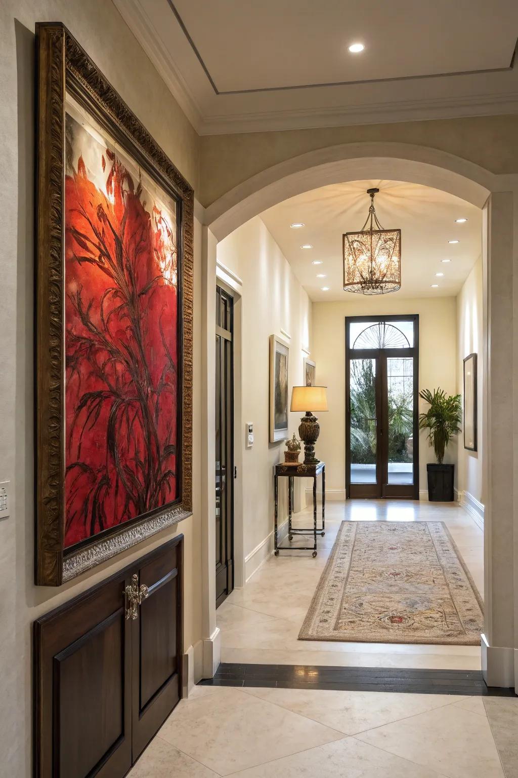A large piece of art creates a striking focal point in the entryway.