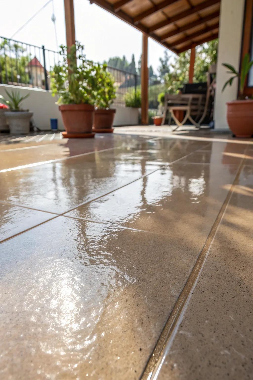Transform your outdoor space with a luxurious high-gloss epoxy patio finish that dazzles with elegance.