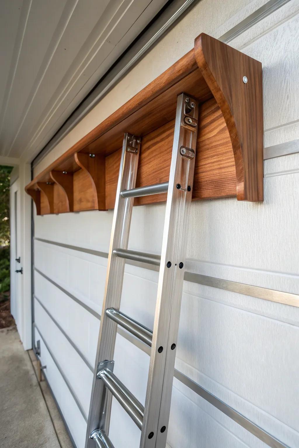Elevate your garage organization with this expertly crafted wall rack for ladder storage.