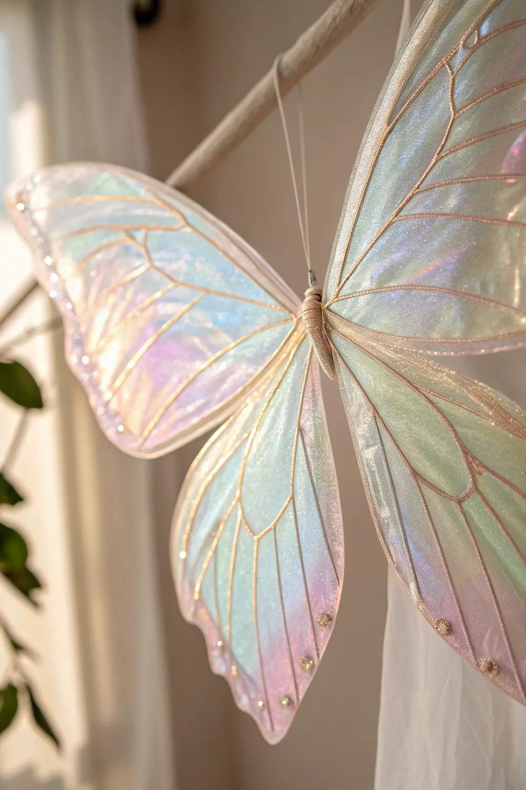 Transform your look with the enchanting shimmer of cellophane fairy wings, where minimalist elegance meets magical allure.