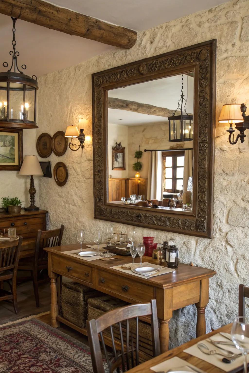 An antique mirror adds depth and elegance to a farmhouse dining room.