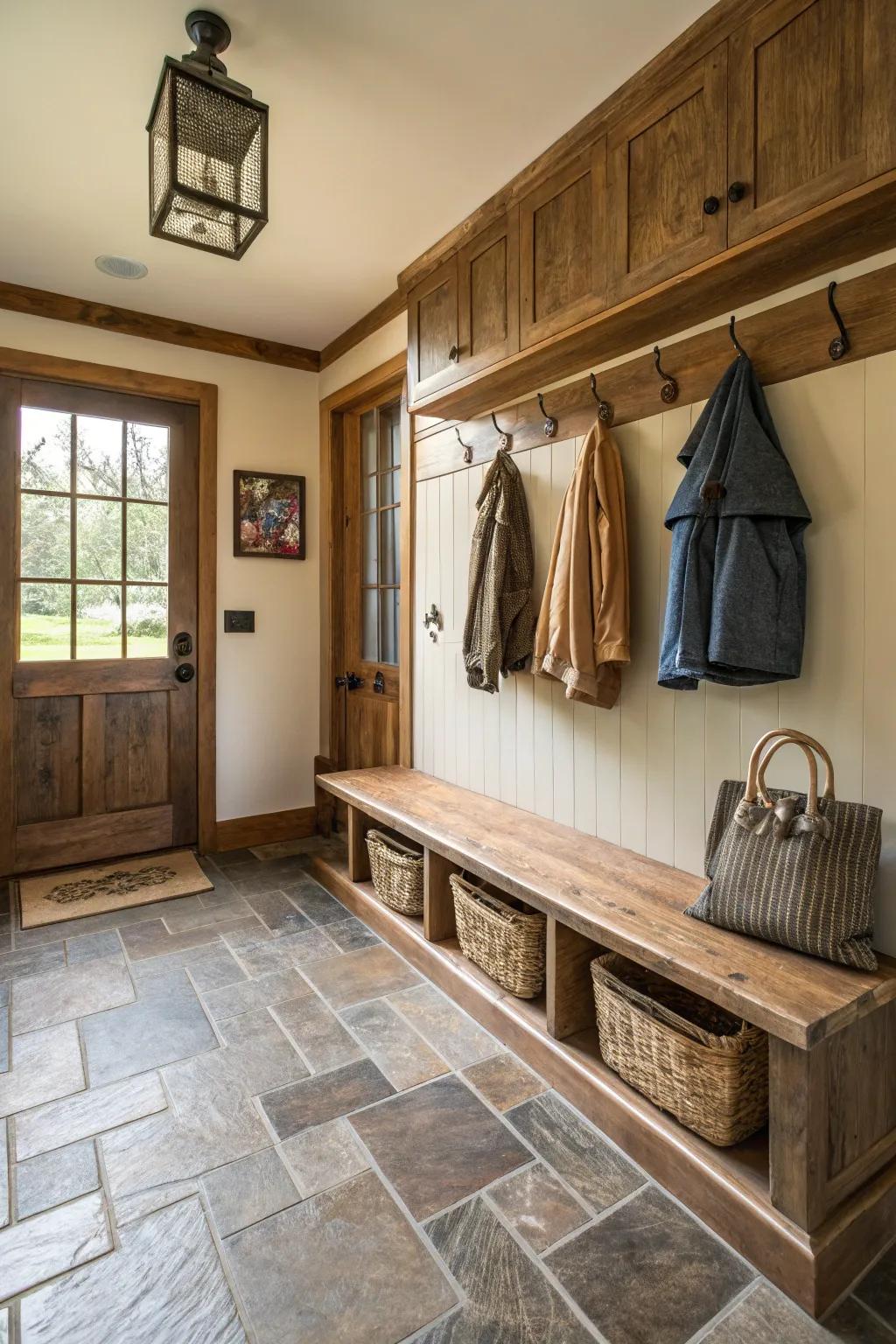 Wood-look tiles add warmth and practicality to this farmhouse mudroom.