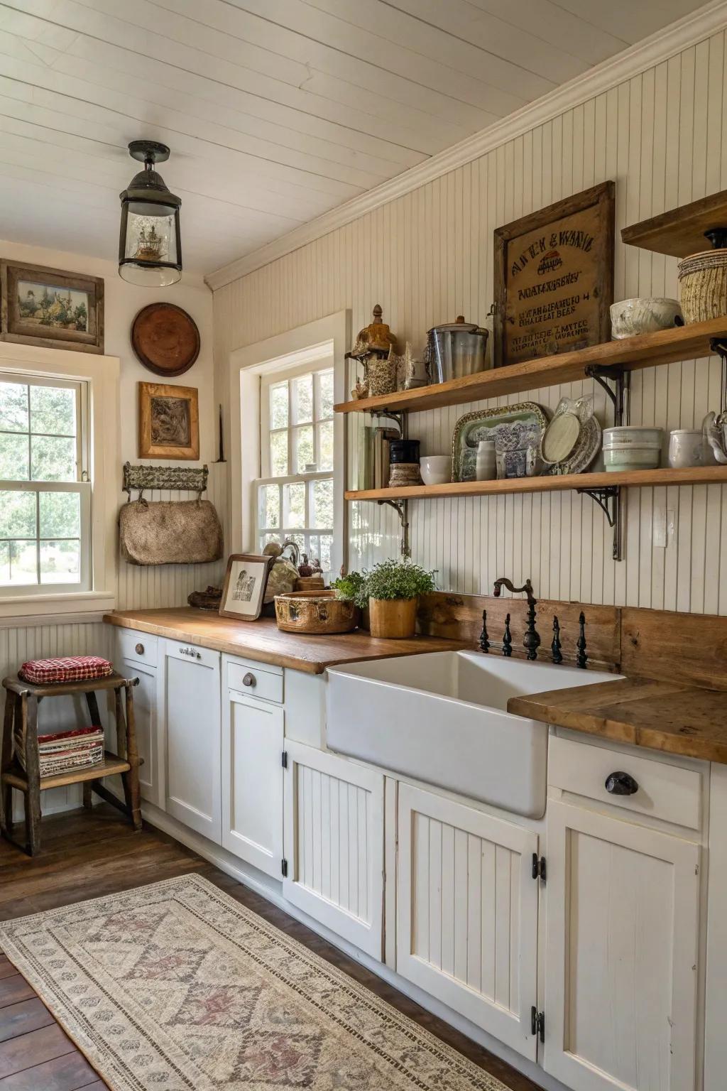 Cozy farmhouse kitchen with beadboard charm.